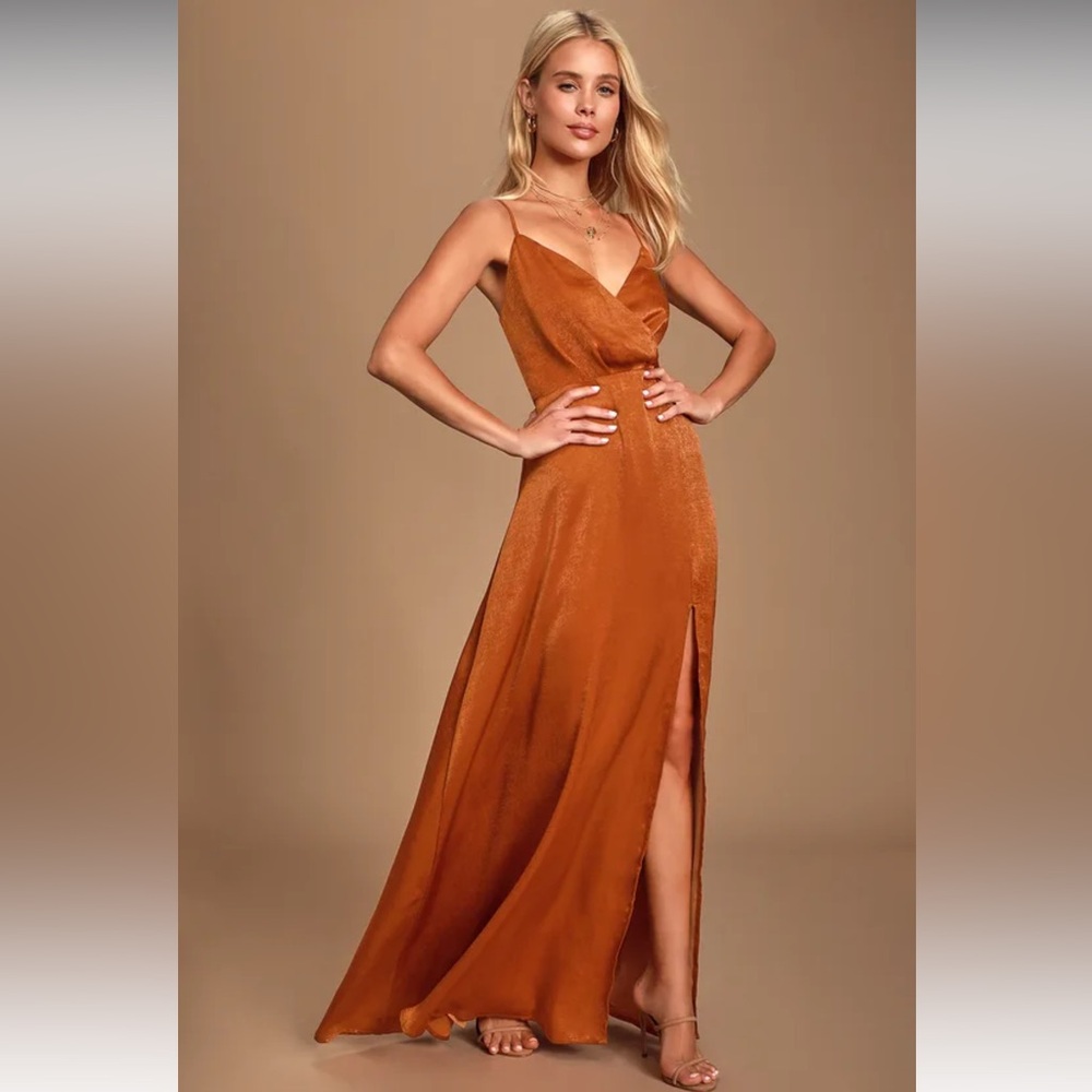 Lulus Constantine Rust Orange Satin Maxi Dress Size Medium